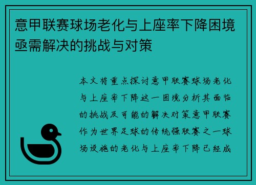 意甲联赛球场老化与上座率下降困境亟需解决的挑战与对策