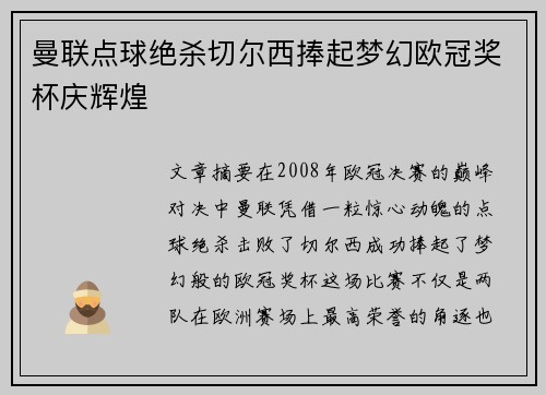 曼联点球绝杀切尔西捧起梦幻欧冠奖杯庆辉煌